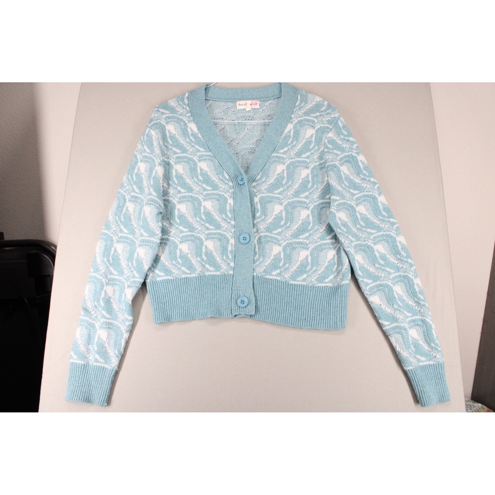 Hazel Moon Light Blue White Abstract Wave Cropped Cardigan Sweater Small